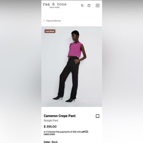 NWT Rag & Bone Cameron Crepe Dress Pant | Split Cuff Straight Leg | Sz 0 | Black - Picture 2 of 9